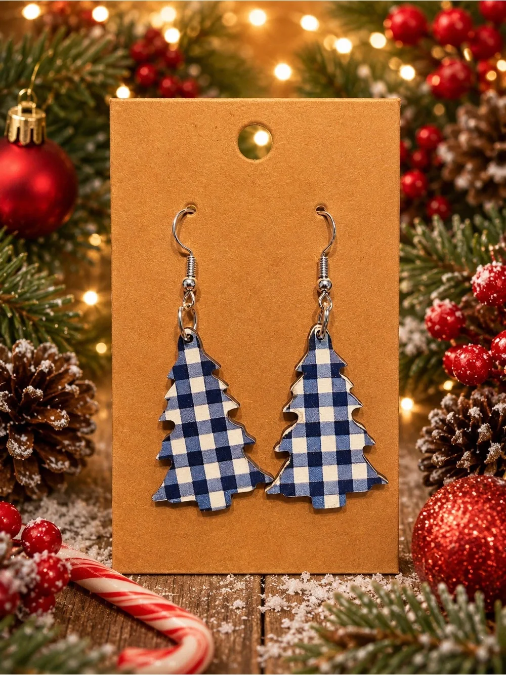 *Buy Now* Blue Gingham Tree Wooden Earrings